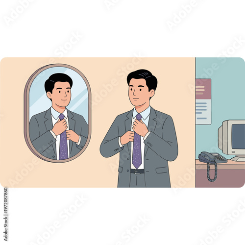 Man in business suit adjusting tie in office with computer and mirror reflection