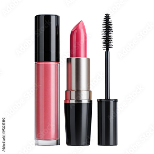Professional Isolated Cosmetic Set with Comb, Mascara and Lipstick for Beauty Products Advertising