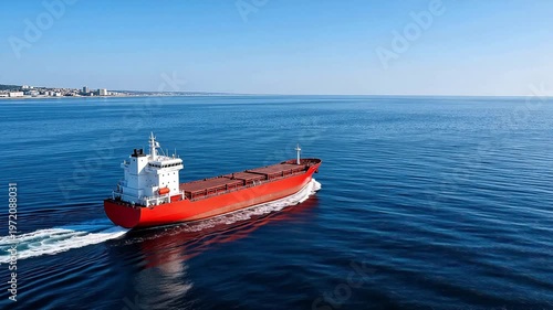 Red bulk carrier cargo ship sailing on calm blue sea with coastal city skyline in background — maritime transport, logistics, and global trade concept