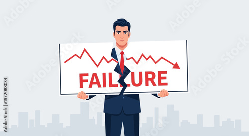 Businessman holding broken sign with falling stock chart and word failure
