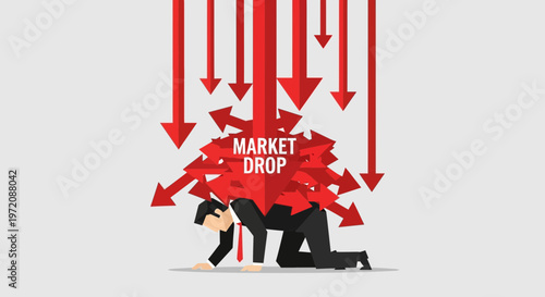 Businessman crushed by market drop arrows concept, financial crisis and stock market crash