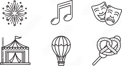 Set of six black line featuring a firework a musical note theater masks a circus tent a hot air balloon and a pretzel on a stick
