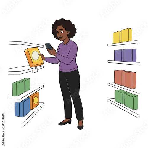 A woman scans a book on a shelf in a library or bookstore with multiple shelves.