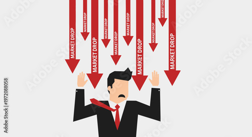 Businessman overwhelmed by market crash, red arrows indicating stock decline
