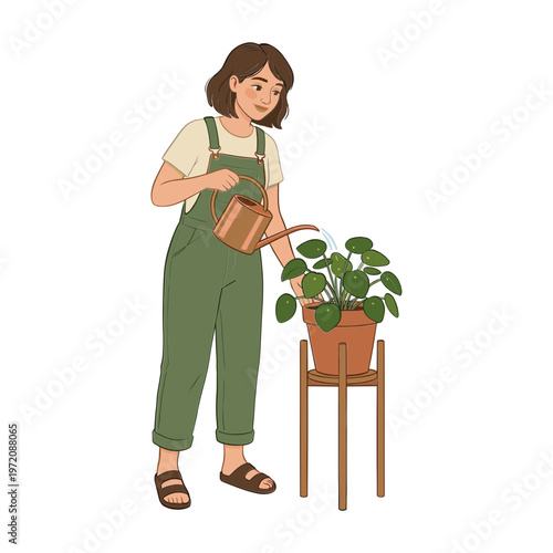 Woman watering plant on stand with green overalls and brown shoes