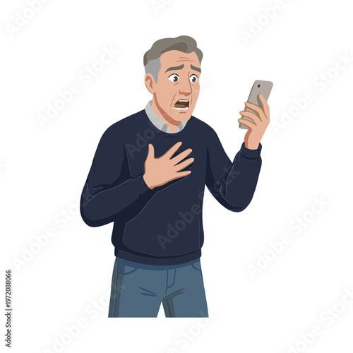 Man reacts with surprise while looking at his phone in shock