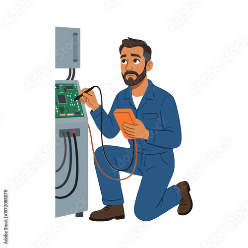 A man in blue overalls repairing an electrical panel with tools.