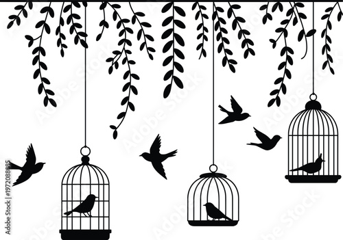 Elegant birdcage silhouettes with flying birds and hanging leaves decorative nature illustration for artistic wall designs