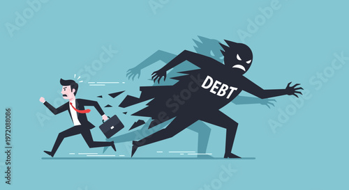 Businessman running away from debt monster, financial crisis concept