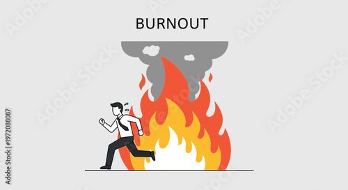 Businessman running from office burnout with fire and smoke