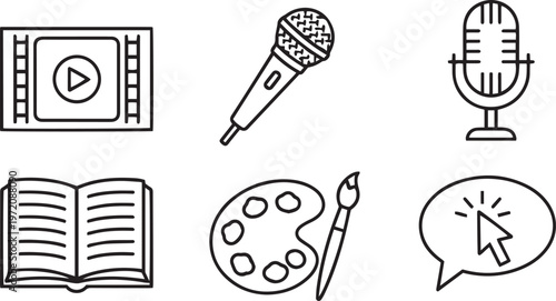 Set of six black outline for media and communication play button microphone