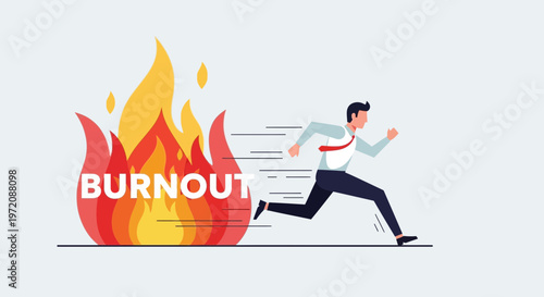 Businessman running away from burnout fire, stress, exhaustion, mental health concept