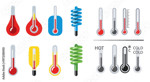 Collection of stylized thermometers showing hot and cold temperatures