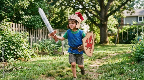 Young boy playing with toy sword.