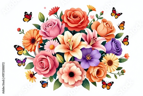 a bunch of flowers and butterflies flying around them