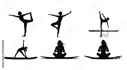 Set of Stand Up Paddle Yoga Silhouettes for Fitness and Balance