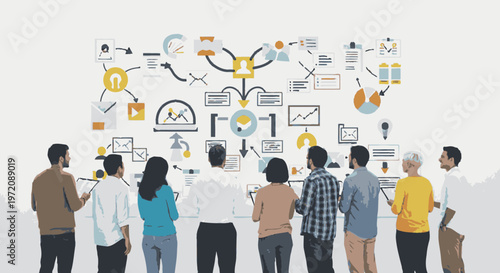 Diverse team collaborating on a complex business strategy visualized on a large whiteboard with icons and diagrams