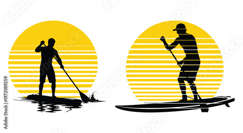 Sunset Stand Up Paddle Yoga and Boarding Silhouette Vector Set