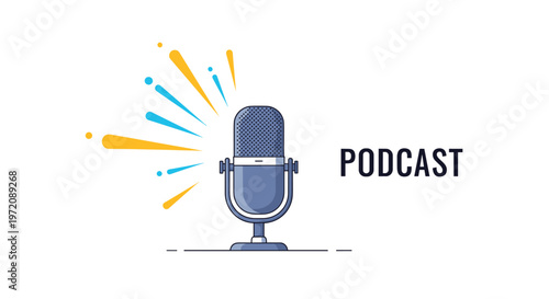 Modern podcast logo illustration with a classic blue microphone and dynamic sound wave bursts in yellow and blue on a clean white background.