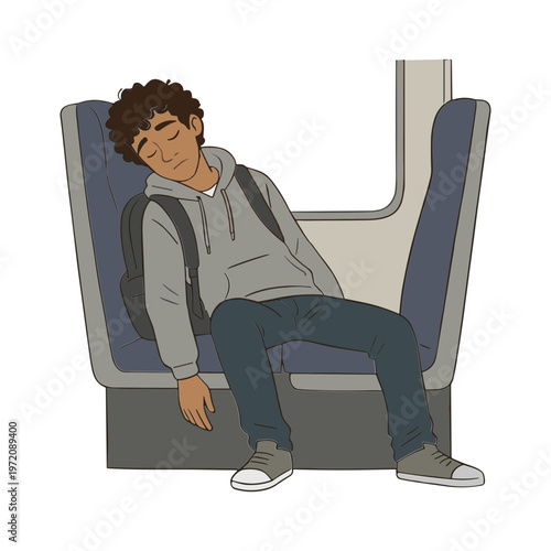 A young man sleeps peacefully on a train seat with a backpack on.