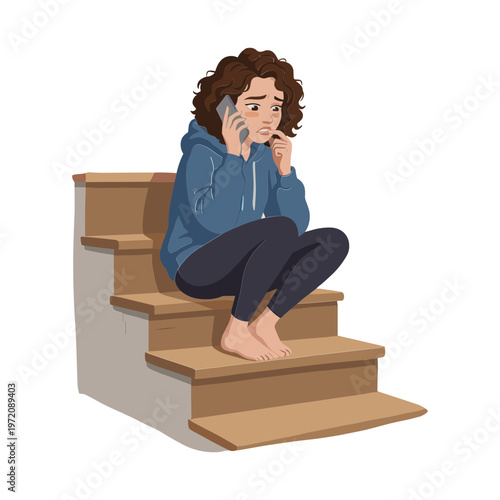 A young woman sits on stairs talking on her phone.