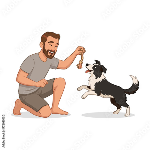 Man playfully offers chew toy to excited jumping dog indoors