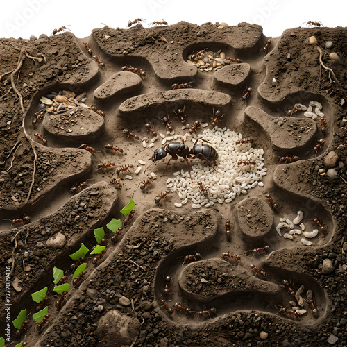 Detailed Cross-Section of an Ant Colony with Queen, Larvae, and Worker Ants in a 3D Render