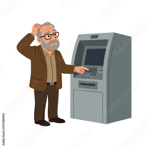 An elderly man interacts with an ATM machine while scratching his head.