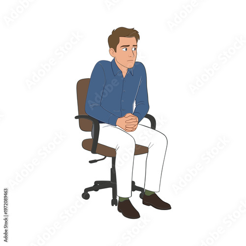 A man sits on a chair in a worried expression looking sideways