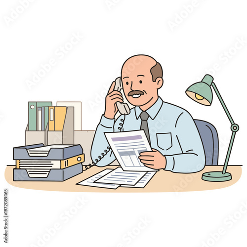 Businessman talks on phone at office desk with papers and books