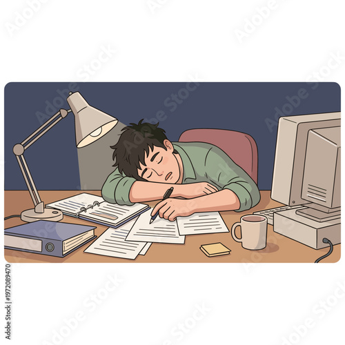 Man falls asleep at desk with papers and computer on