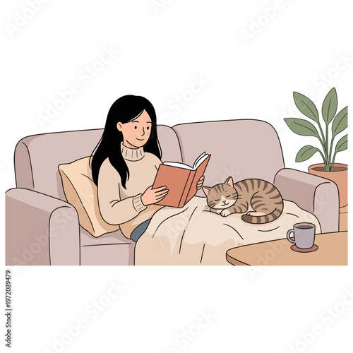 Woman reads book on couch with cat and coffee nearby indoors