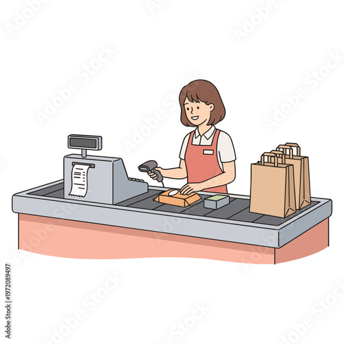 Woman scans groceries on a cash register at a store checkout with bags.