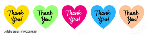 Colorful heart shaped stickers with 'thank you' text in bold letters for gratitude and appreciation themes