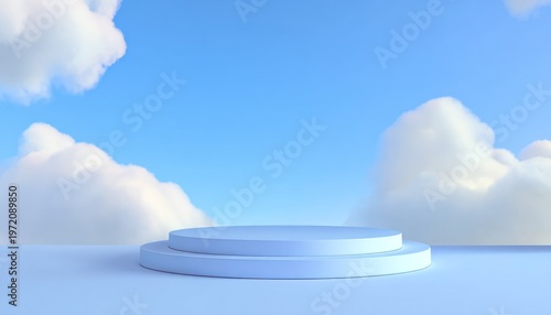 Minimal blue podium with clouds sky background for product display