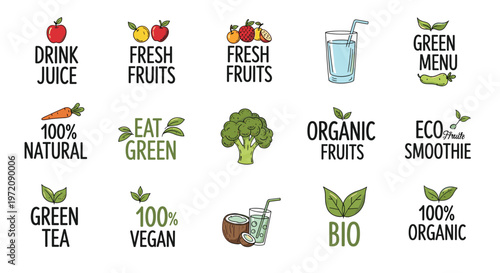 Comprehensive set of fifteen healthy food and drink badges including organic fruits fresh juice and green menu options for restaurants.