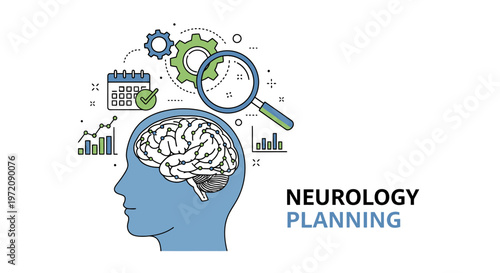 Neurology planning concept with illustration of human head profile, brain, calendar, gears, and magnifying glass.