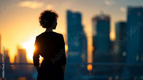 A confident businesswoman looking out over the city skyline at sunset