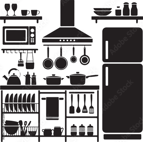 Modern kitchen illustration featuring essential appliances and utensils