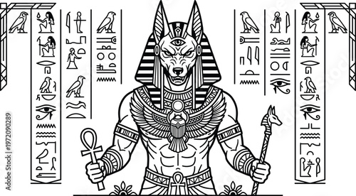 Ancient Egyptian Anubis god illustration, jackal head deity, holding ankh and staff, surrounded by hieroglyphs, mystical spiritual artwork