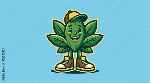 Cartoon cannabis leaf character smiling.