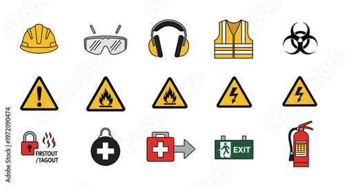 Collection set of industrial safety icons (HSE) including PPE, hazard warning signs, first aid kit, and fire extinguishing equipment.