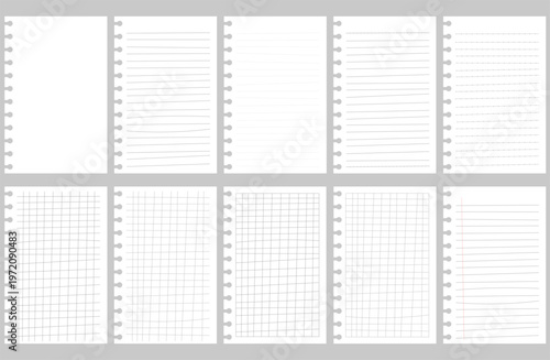 Notebooks with distorted lines, loose-leaf paper, and graph paper; perforated with rounded holes.
