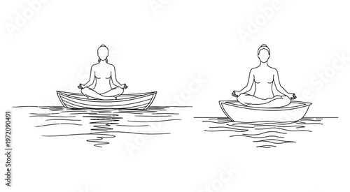 Minimalist Line Art Stand Up Paddle Yoga Meditation Illustration