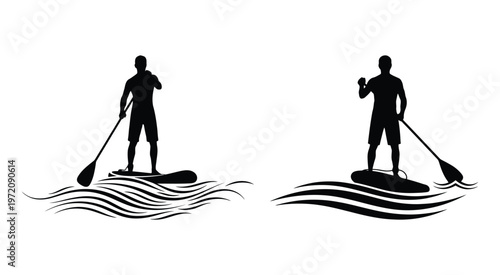Stand Up Paddle Yoga Silhouette Vector Illustration
