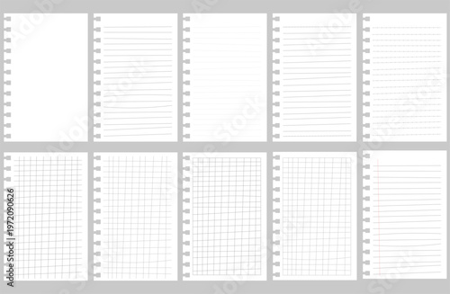 Notebook with distorted lines, loose-leaf paper, graph paper, perforated squares with horizontal holes.