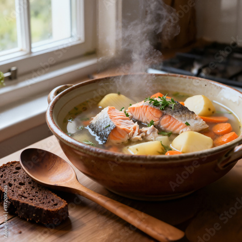 Salmon soup with potatoes and carrots steaming in bowl on table  
