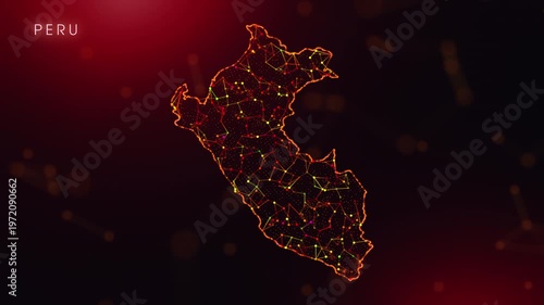 A dynamic motion video showcasing the Peru country border through a colorful plexus reveal. Glowing red and orange dots represent high-tech data communication and global digital networks.