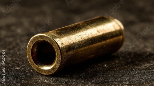 ejected. Single brass cartridge case ejected from an antique revolver, isolated on dark background. mobility guides, transit brochures, designed for mobility and urban transit guides.