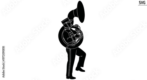 Silhouette of a marching band musician playing a sousaphone